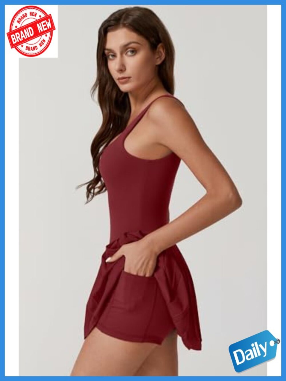 Women's Sleeveless Square Neck Pleated Tennis Dress with Built-in Shorts, - Picture 3 of 5
